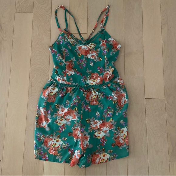 Pants - Green Strappy Floral Romper